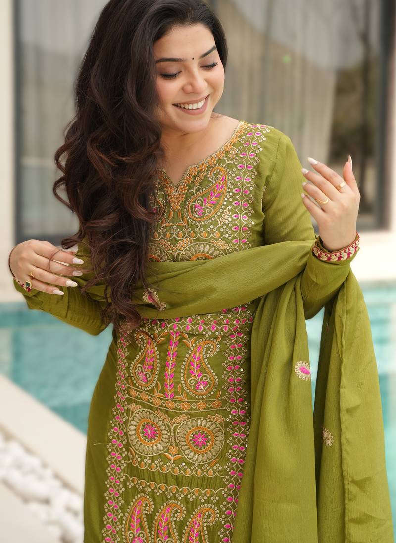 parrot green readymade chinnon silk embroidered kurta pant dupatta set