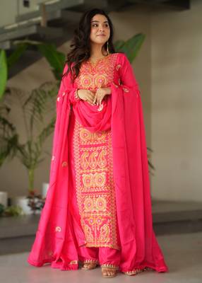 pink readymade chinnon silk embroidered kurta pant dupatta set 1