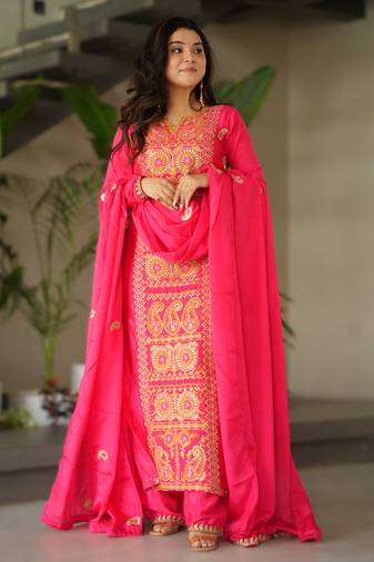 pink readymade chinnon silk embroidered kurta pant dupatta set