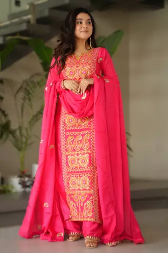 pink readymade chinnon silk embroidered kurta pant dupatta set