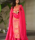 pink readymade chinnon silk embroidered kurta pant dupatta set