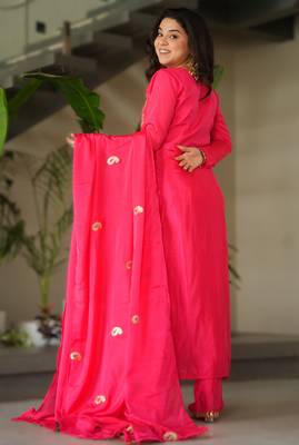 pink readymade chinnon silk embroidered kurta pant dupatta set 2
