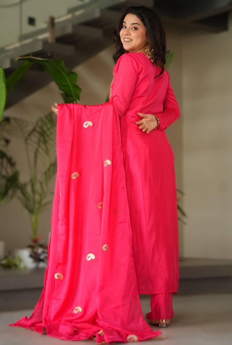 pink readymade chinnon silk embroidered kurta pant dupatta set
