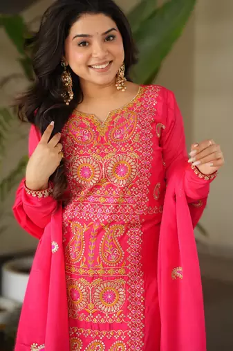 pink readymade chinnon silk embroidered kurta pant dupatta set