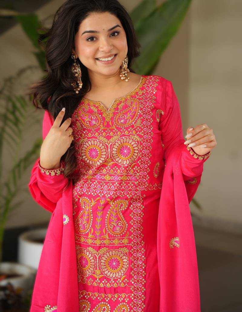pink readymade chinnon silk embroidered kurta pant dupatta set