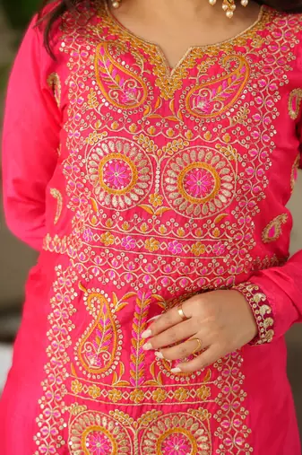 pink readymade chinnon silk embroidered kurta pant dupatta set