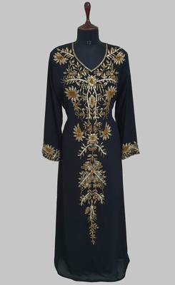 Elegant black georgette kaftan gown with golden zari work With hijab. 1