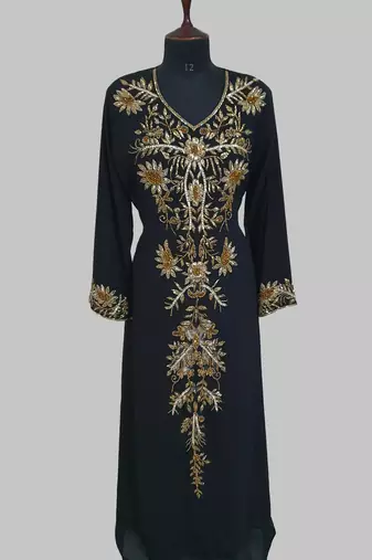 Elegant black georgette kaftan gown with golden zari work With hijab.