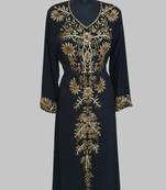 Elegant black georgette kaftan gown with golden zari work With hijab.