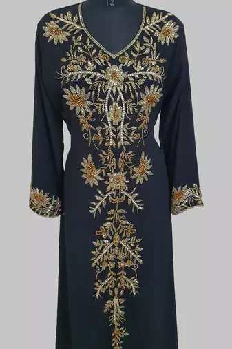 Elegant black georgette kaftan gown with golden zari work With hijab.