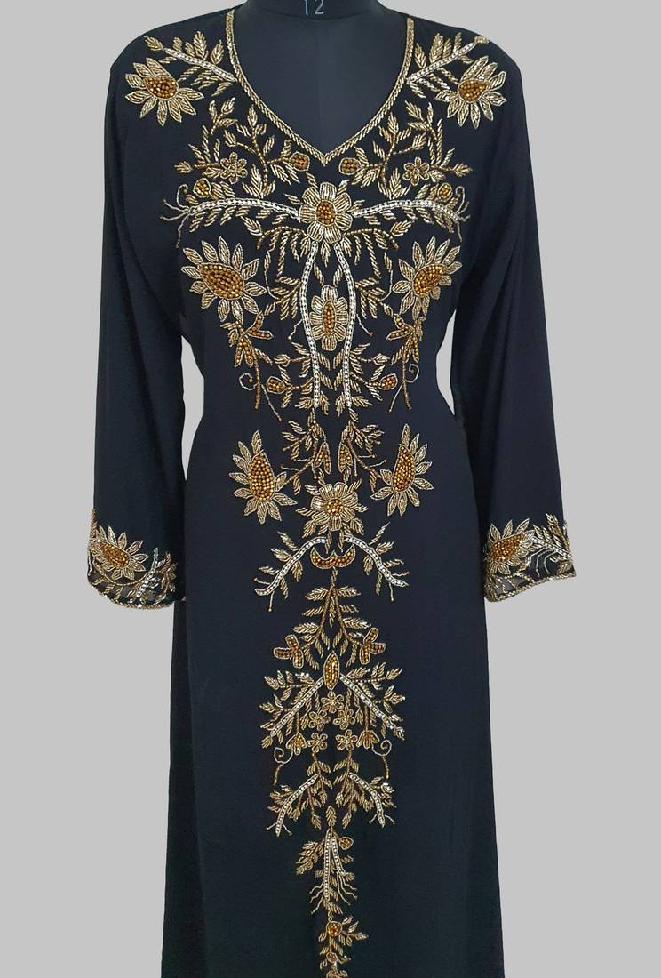 Elegant black georgette kaftan gown with golden zari work With hijab.