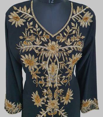 Elegant black georgette kaftan gown with golden zari work With hijab. 3