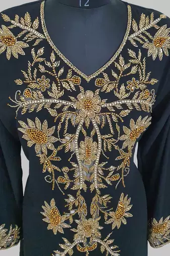 Elegant black georgette kaftan gown with golden zari work With hijab.