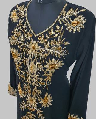 Elegant black georgette kaftan gown with golden zari work With hijab. 4