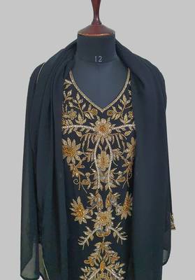 Elegant black georgette kaftan gown with golden zari work With hijab. 5