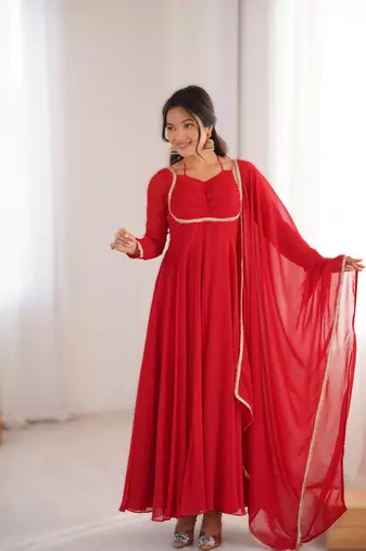 red readymade heavy pure fox blooming georgette flared gown with dupatta