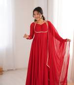 red readymade heavy pure fox blooming georgette flared gown with dupatta