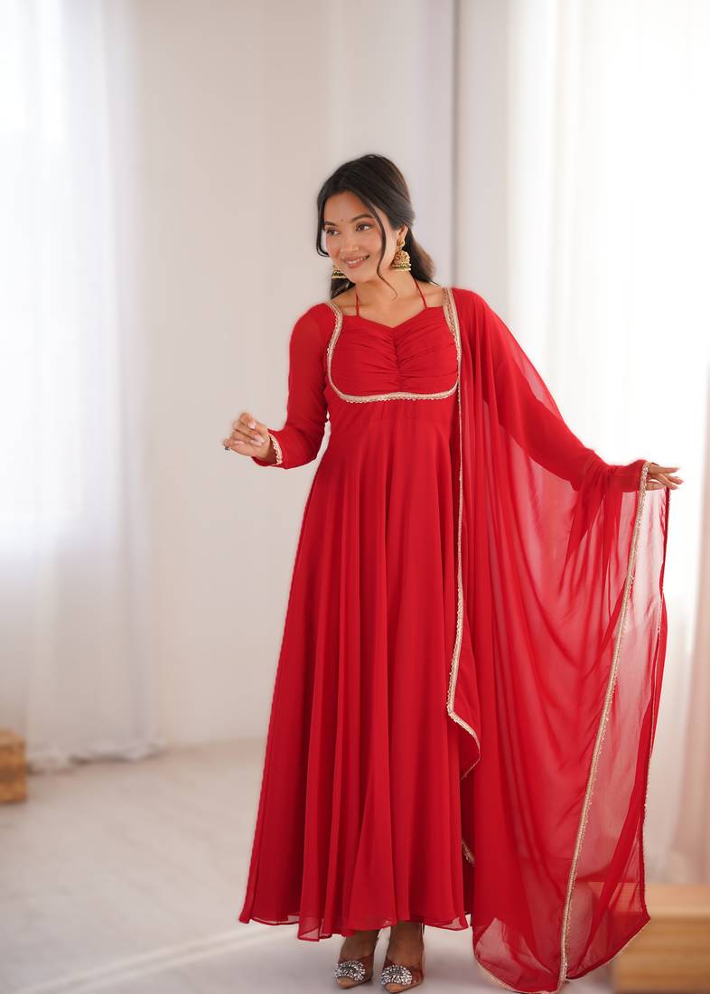 red readymade heavy pure fox blooming georgette flared gown with dupatta