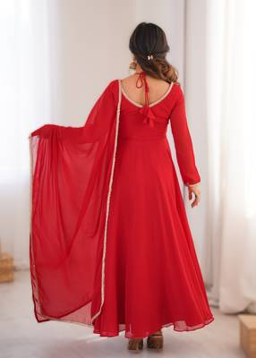 red readymade heavy fox blooming georgette flared gown with dupatta 2