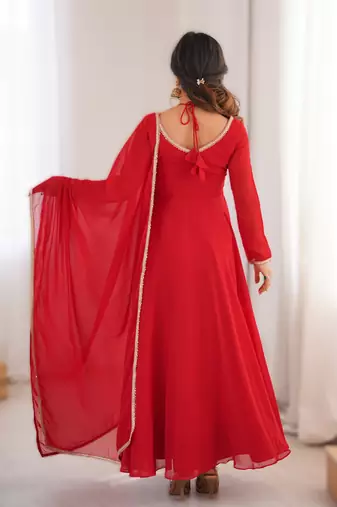 red readymade heavy fox blooming georgette flared gown with dupatta