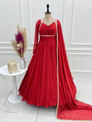 red readymade heavy fox blooming georgette flared gown with dupatta 3