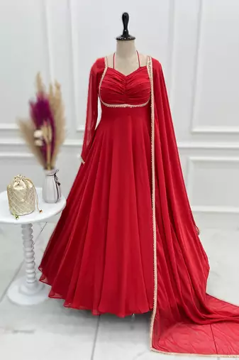red readymade heavy fox blooming georgette flared gown with dupatta