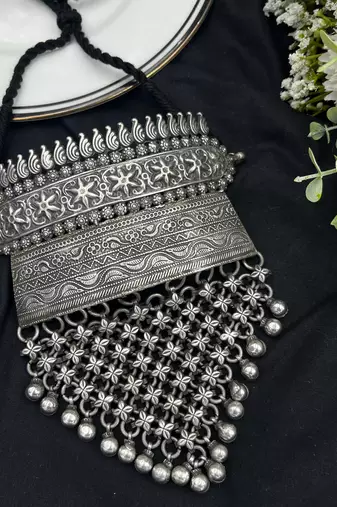 Handmade brass torque choker necklace set | vintage silver flower jali jewelry