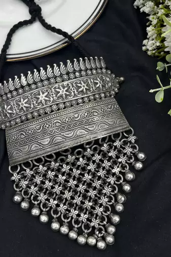 Handmade brass torque choker necklace set | vintage silver flower jali jewelry