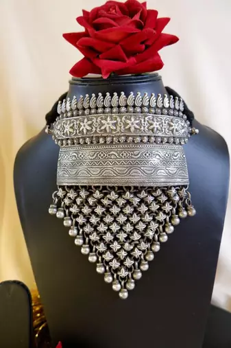 Handmade brass torque choker necklace set | vintage silver flower jali jewelry