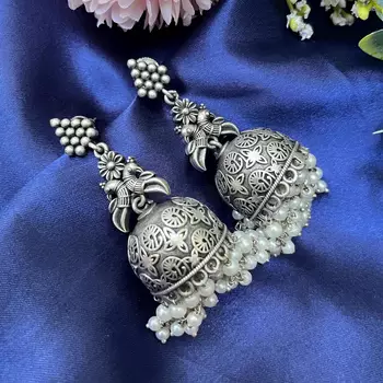 Oxidized silver jhumka earrings ethnic peacock jhumkas with pearls 1