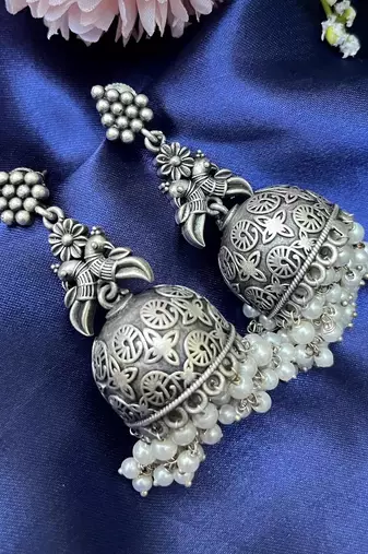 Oxidized silver jhumka earrings ethnic peacock jhumkas with pearls