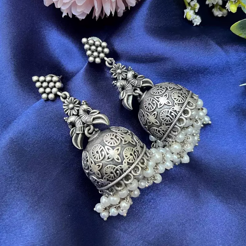 Oxidized silver jhumka earrings ethnic peacock jhumkas with pearls
