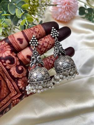 Oxidized silver jhumka earrings ethnic peacock jhumkas with pearls 2