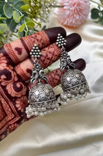 Oxidized silver jhumka earrings ethnic peacock jhumkas with pearls