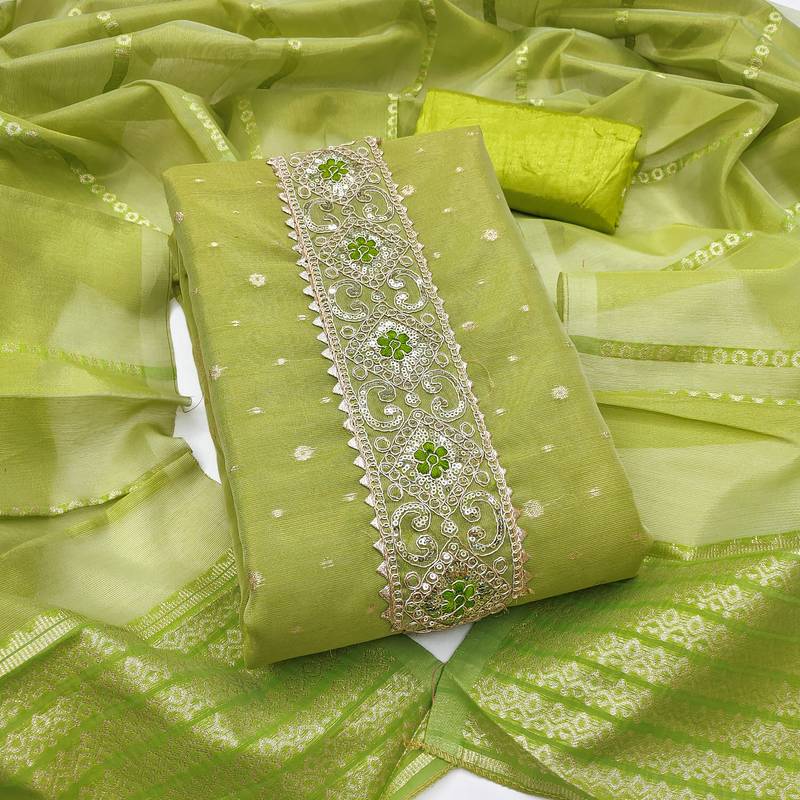  green weaving & embroidered simmer dress material 