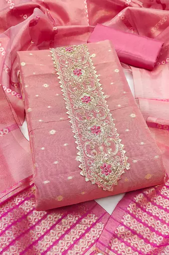  pink weaving & embroidered simmer dress material 
