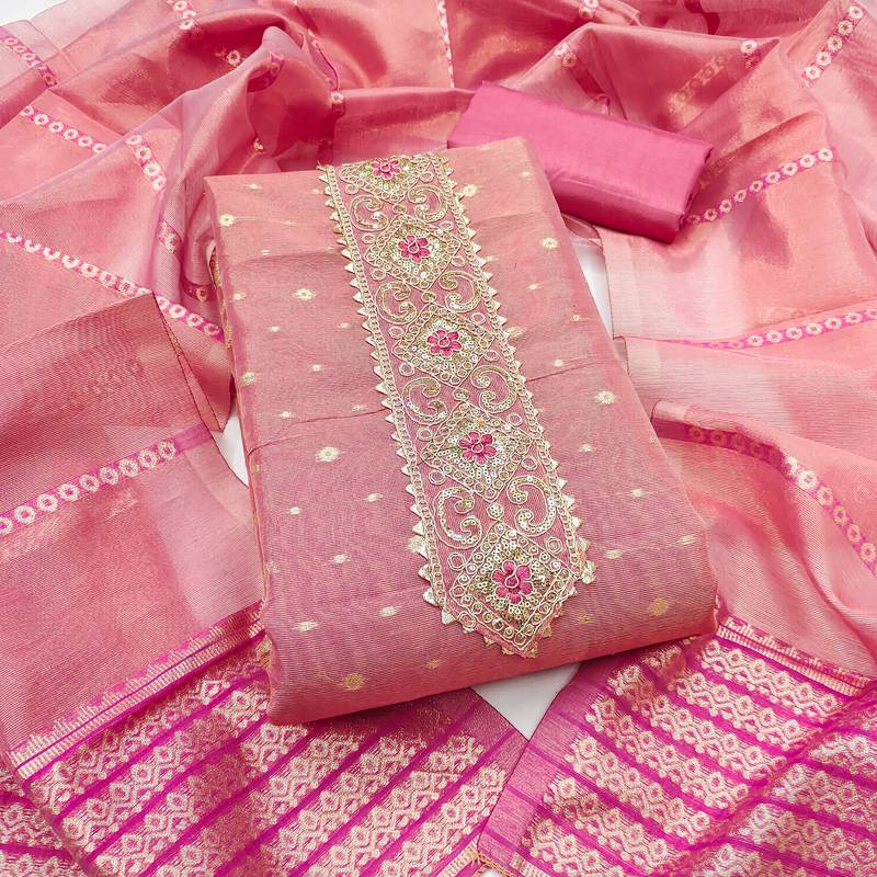  pink weaving & embroidered simmer dress material 