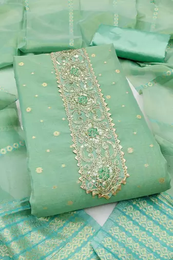  green weaving & embroidered simmer dress material 