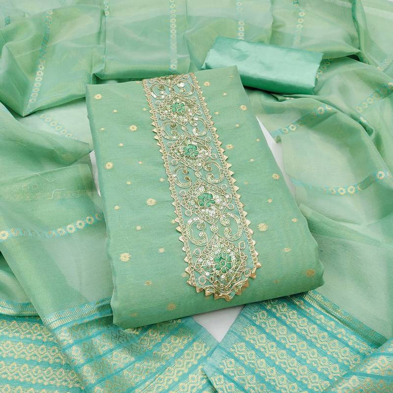  green weaving & embroidered simmer dress material 