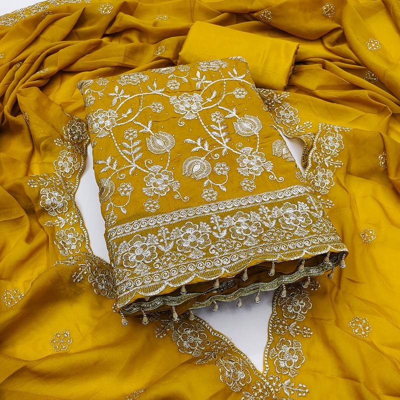  mustard embroidery georgette dress material 