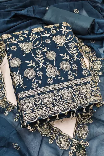  teal blue embroidery georgette dress material 