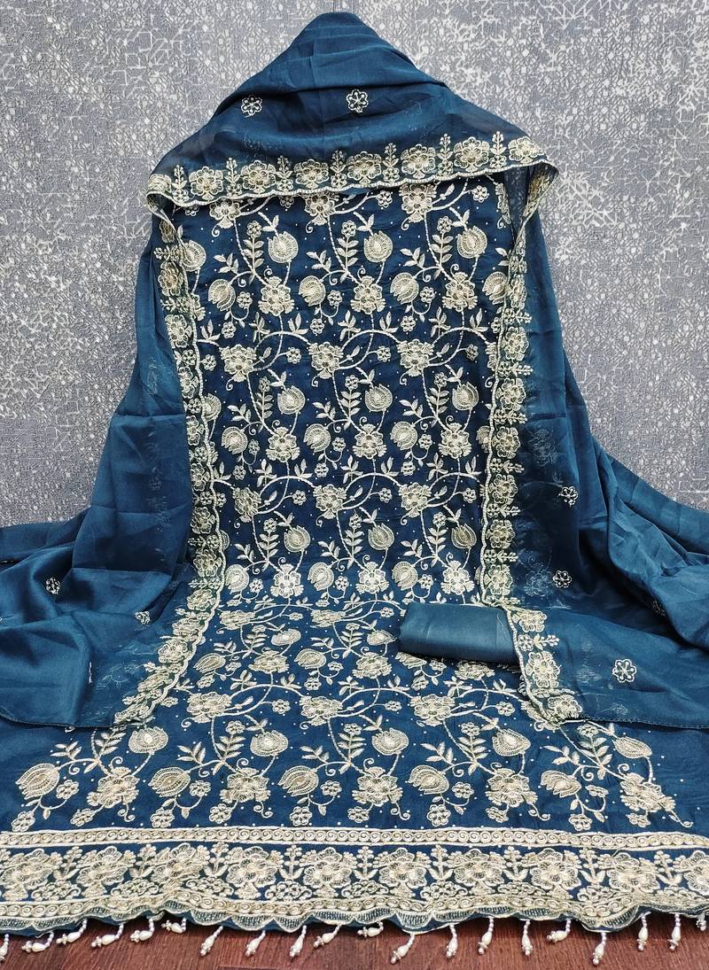  teal blue embroidery georgette dress material 