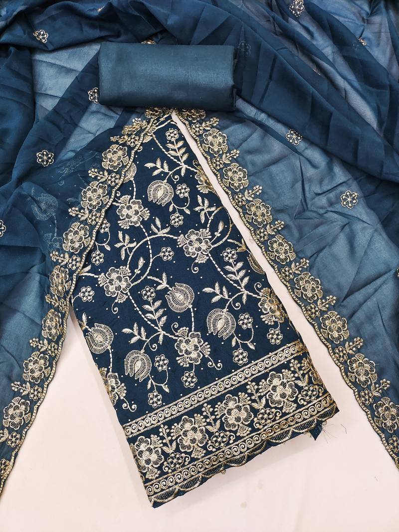  teal blue embroidery georgette dress material 