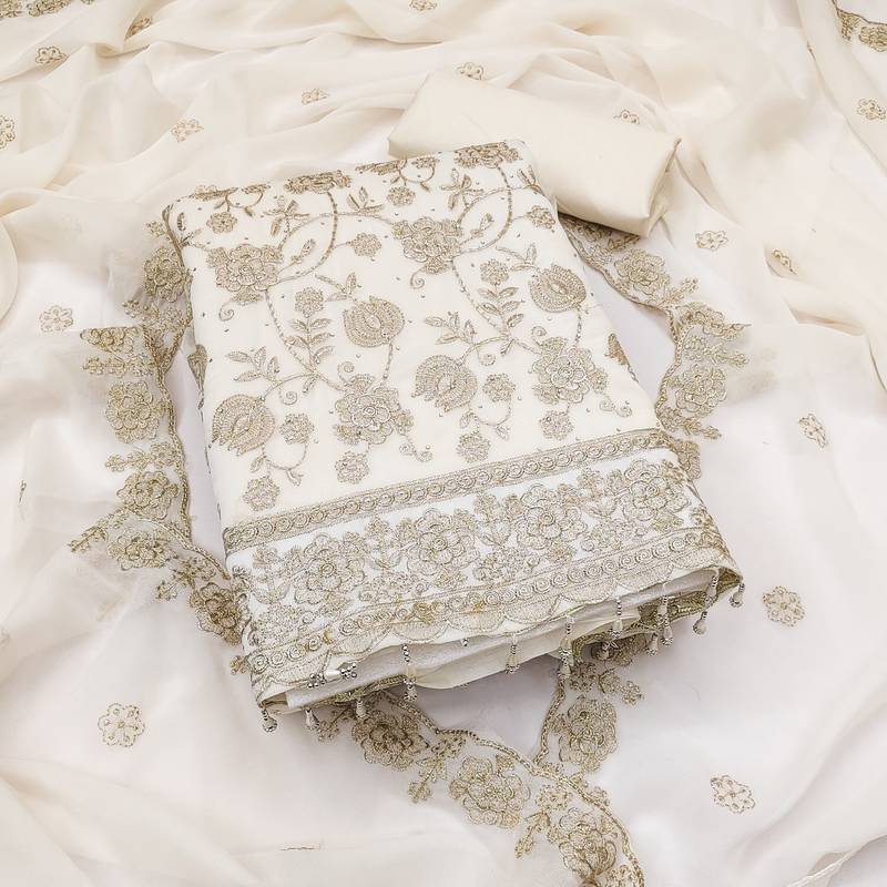  white embroidery star georgette dress material 