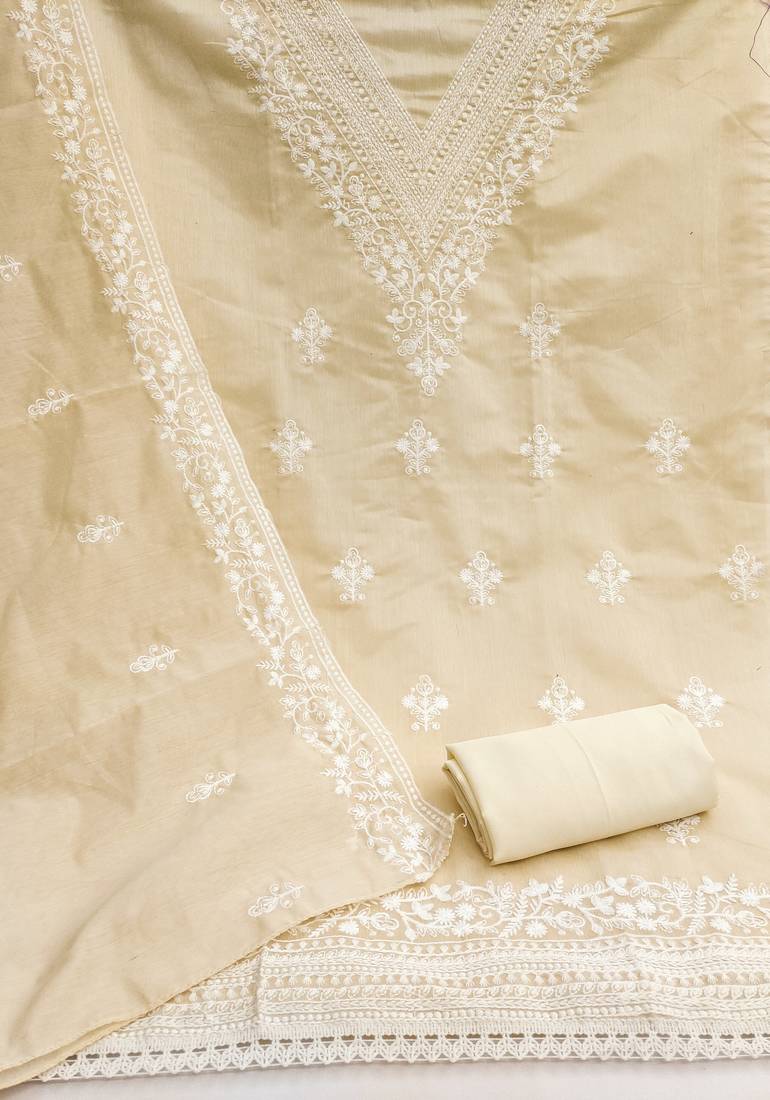  beige heavy embroidery cotton dress material 