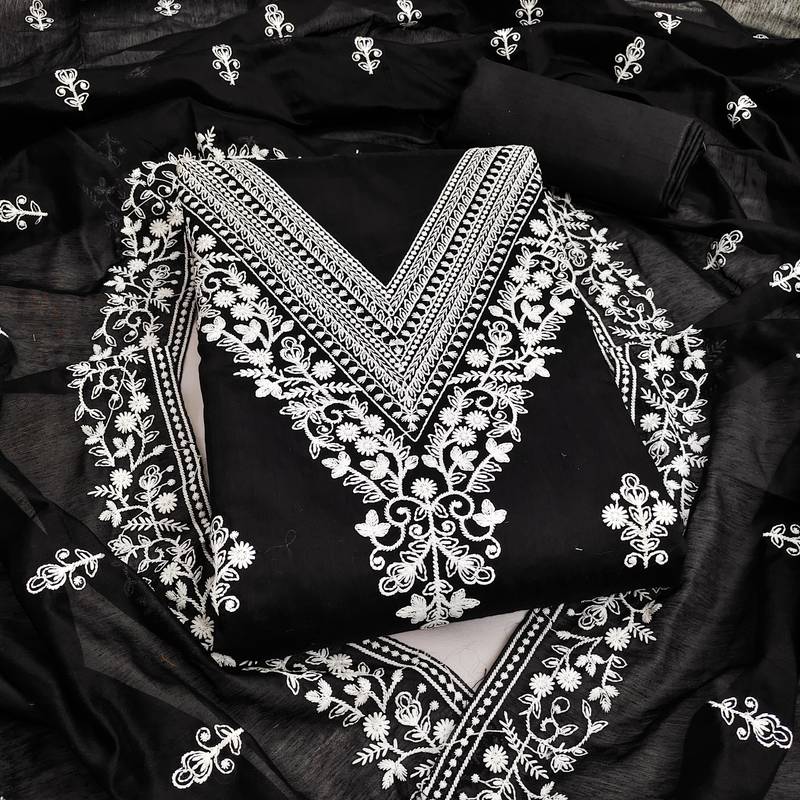  black heavy embroidery cotton dress material 