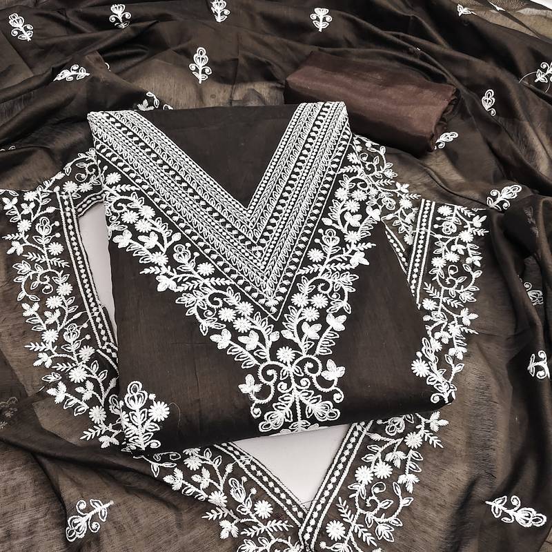  brown heavy embroidery cotton dress material 