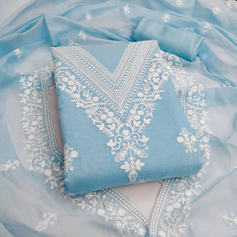  sky blue heavy embroidery cotton dress material 