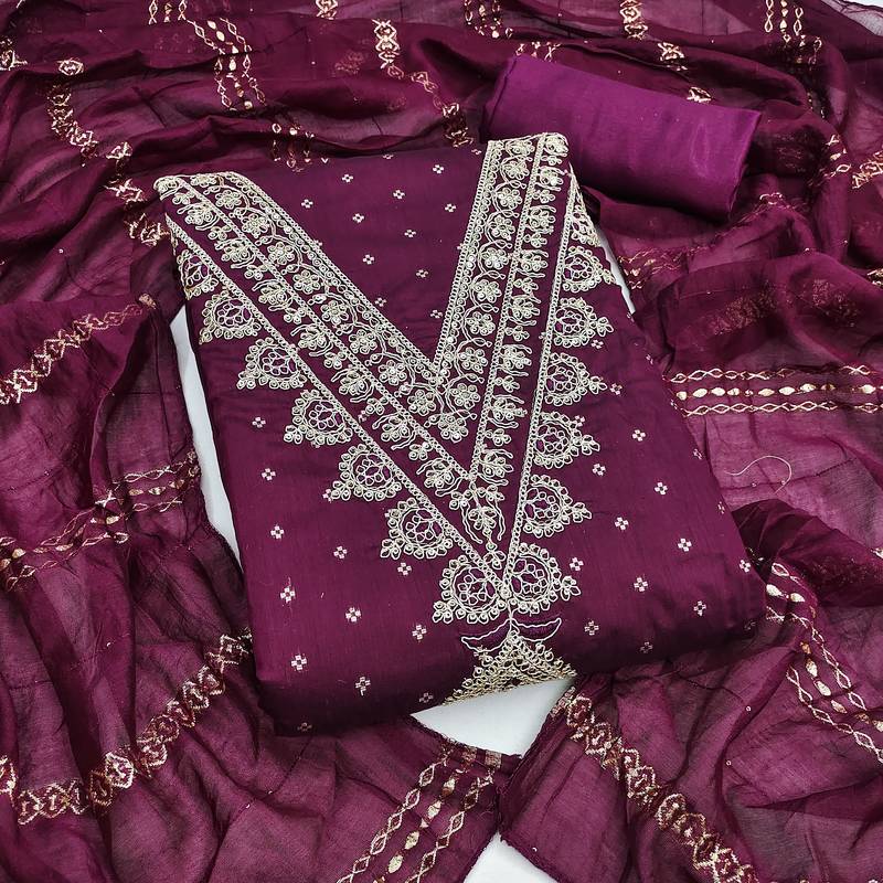  purple embroidery chanderi dress material 