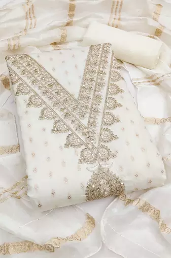  white embroidery chanderi jacquard dress material 